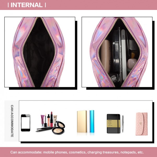 LH6834 - Miss Lulu Quilted Heart and Chevron Cross Body and Bum Bag - Iridescent Pink
